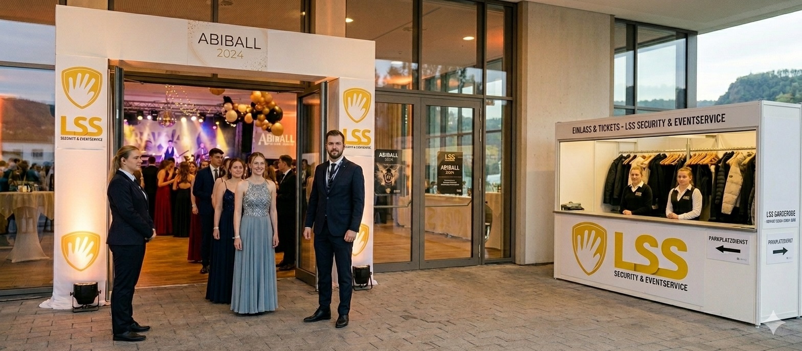 LSS Security Mitarbeiter bei der Einlasskontrolle eines Abiballs mit eigenen Absperrgittern und mobilem Garderoben-Dienst durch LSS.
